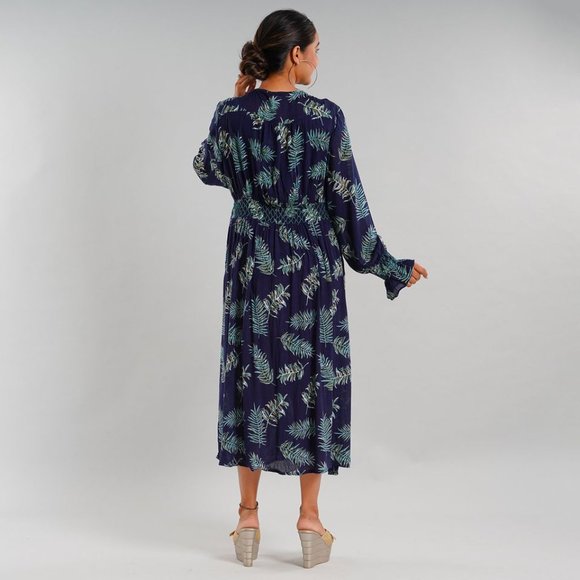 Coral or Navy Button Front Midi Dress with Smocking Dress - Picture 7 of 9